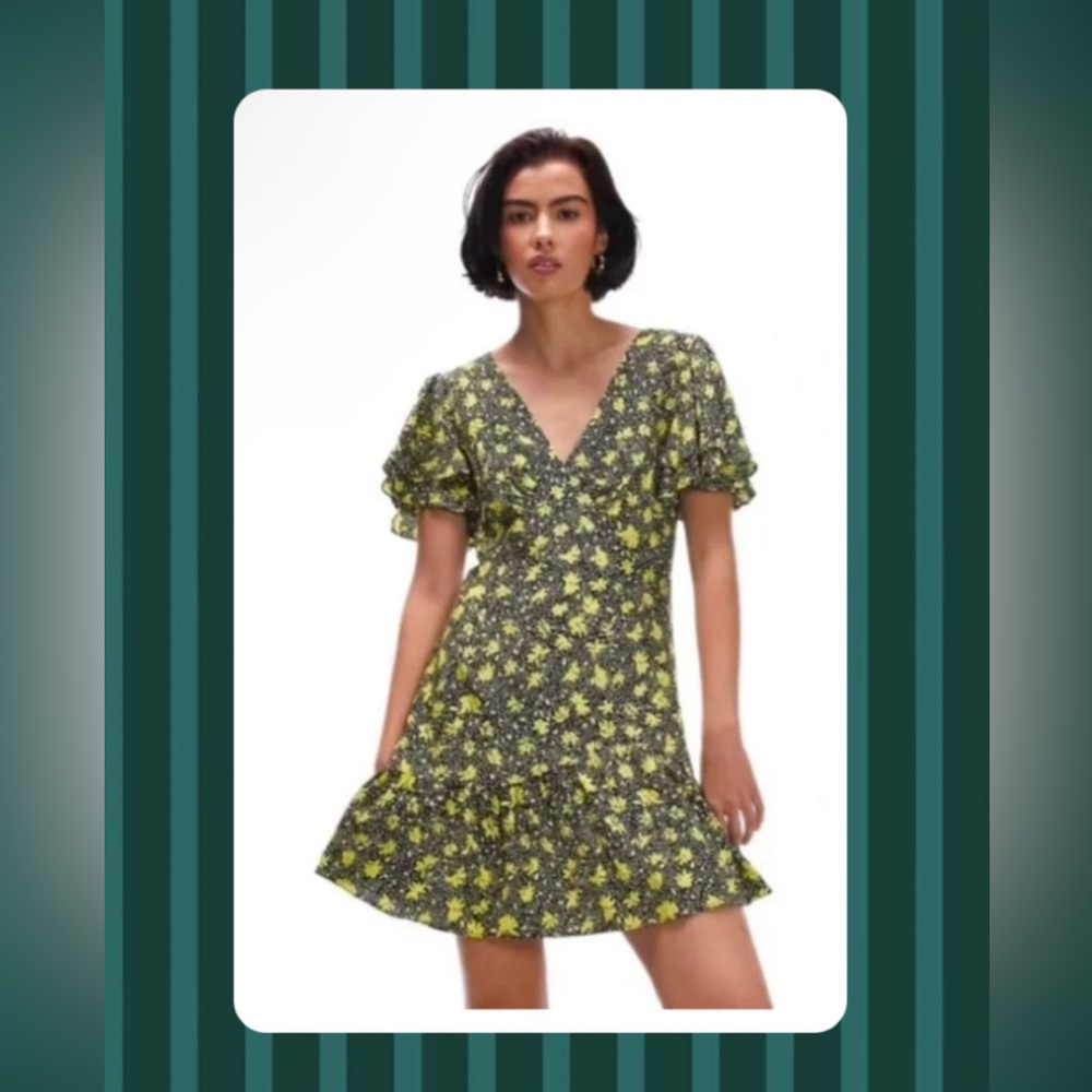 Topshop Black and Yellow Printed Floral Mini Dress Sz 6 NWT